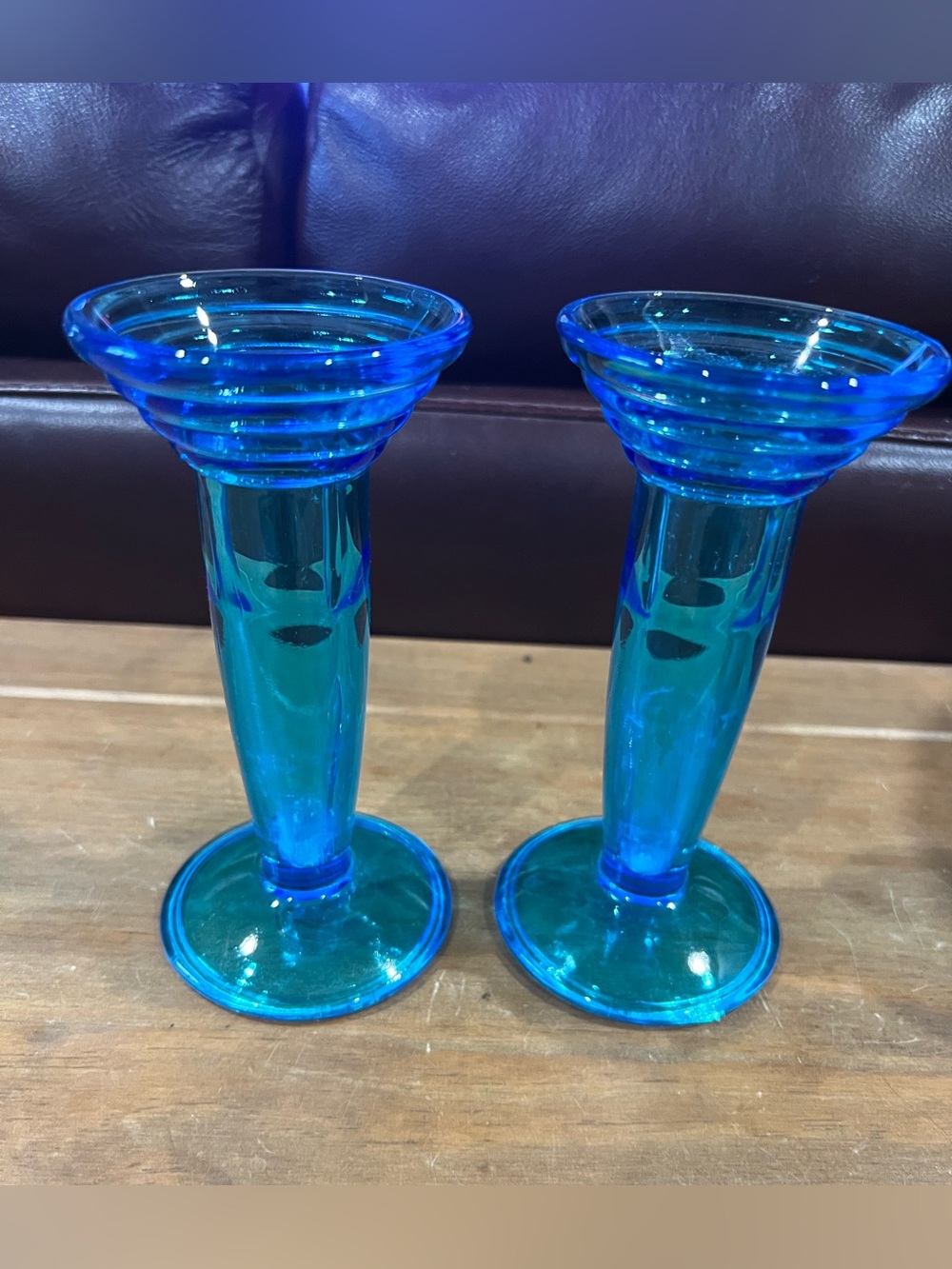 Mid Century glass candle sticks in perfect condition.